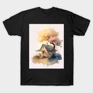 Charming Cute Small Little Cottage with Peach Tree Art Print T-Shirt